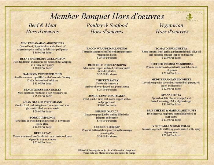 Banquets Menu Coronado Country Club